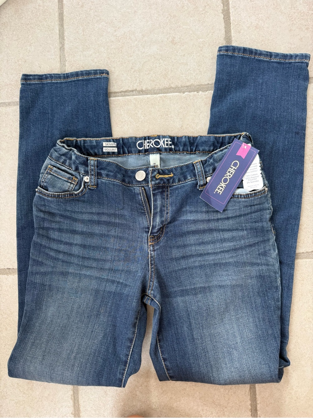 Cherokee Girl’s Medium Blue Skinny Jeans with Faded Detailing Adjustable Waist